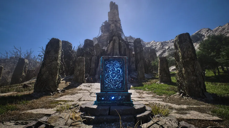 Glowing stone monument resembling Hersander's Tower in ArcheAge Chronicles