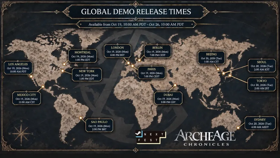 ArcheAge Chronicles Steam Next Fest 글로벌 데모 출시 시간 지도