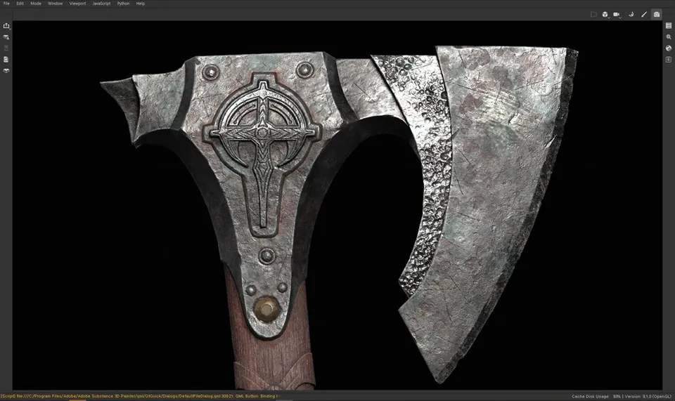 Primer plano de un hacha: hoja ancha y gastada, y una pieza de metal con un motivo de cruz, en una vista de editor.