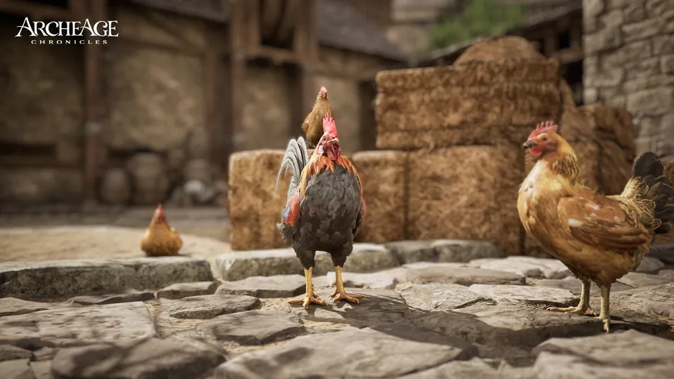Varias gallinas en un patio de piedra, junto a balas de paja y un muro.