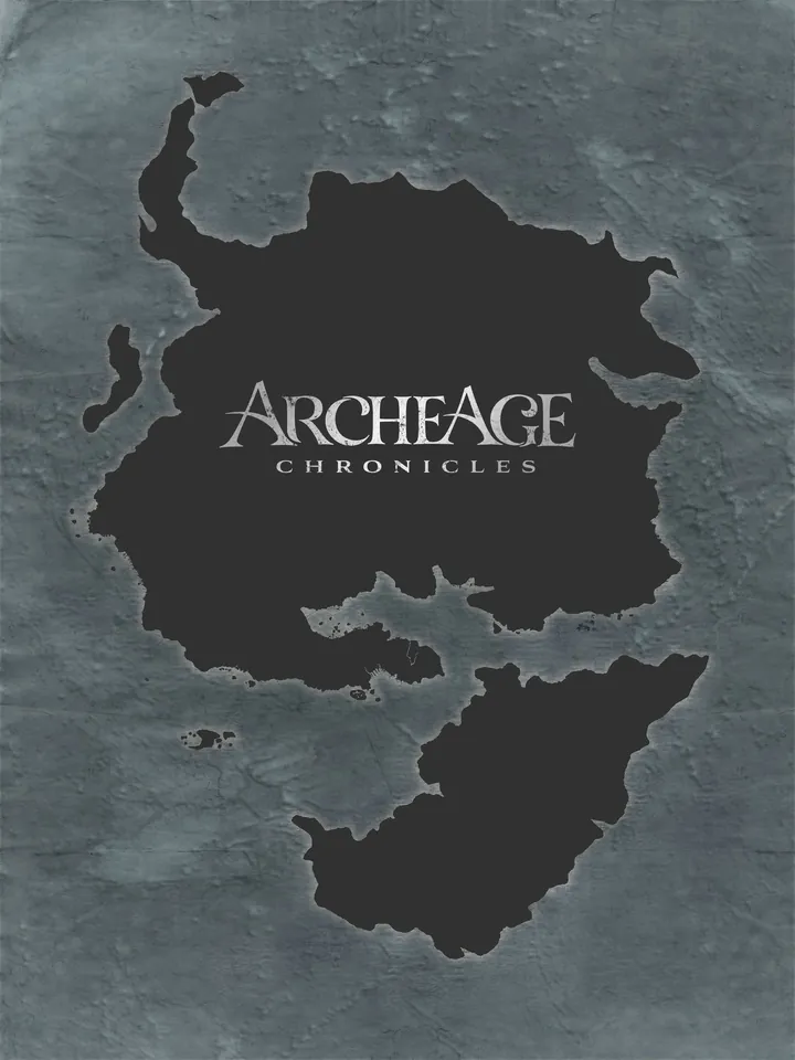 Silueta oscura de un continente sobre piedra gris, con el nombre ArcheAge Chronicles en el centro.