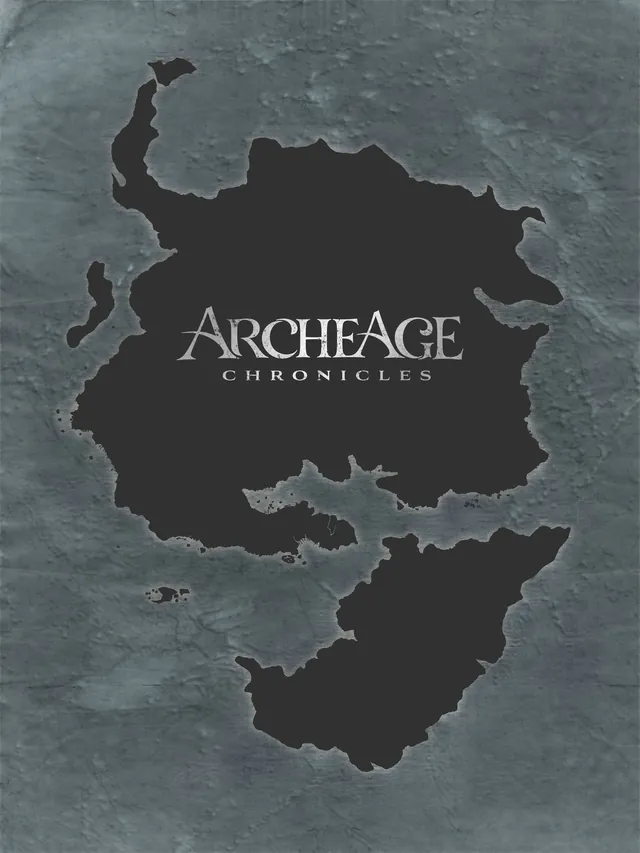 Silueta oscura de un continente sobre piedra gris, con el nombre ArcheAge Chronicles en el centro.