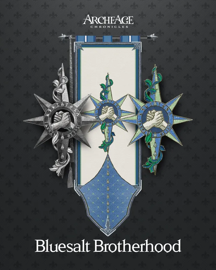 Estandarte de la Bluesalt Brotherhood: manos entrelazadas dentro de una estrella, sobre tela azul y blanca.