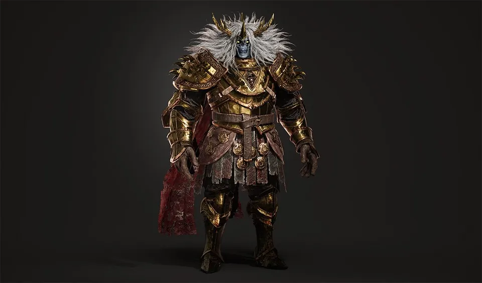 Figura con armadura dorada, melena blanca y rostro azulado, sobre fondo oscuro.