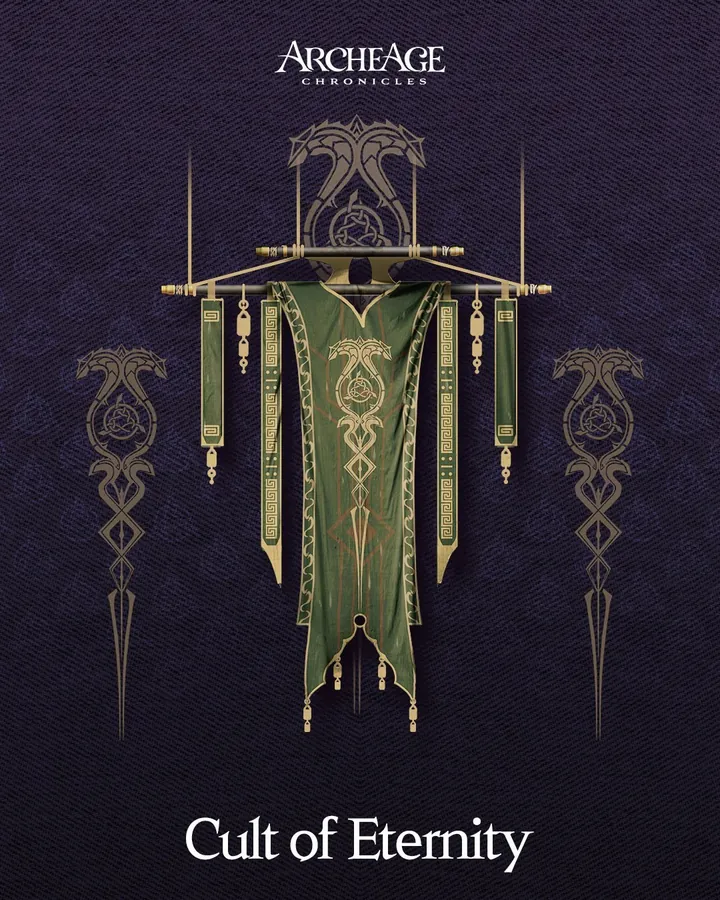 Estandarte verde y oro del Cult of Eternity, con una figura estilizada en lo alto y colgantes a los lados.