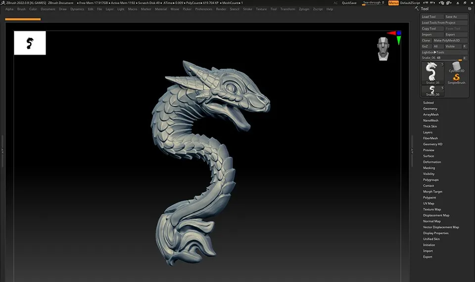 Esculpido gris de una serpiente de cuerpo largo y escamas, dentro de la ventana de un editor 3D.