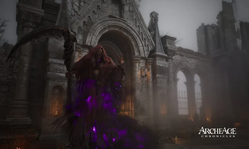 Figura encapuchada con una guadaña y un resplandor violeta, ante una portalada de piedra en ruinas.