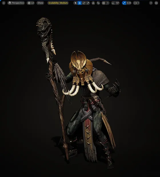 Figura con máscara de colmillos y un báculo coronado por una calavera, en una vista con interfaz.