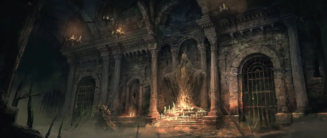Sala columnada en penumbra, con rejas, candelabros y una figura cubierta sobre un fuego de velas.